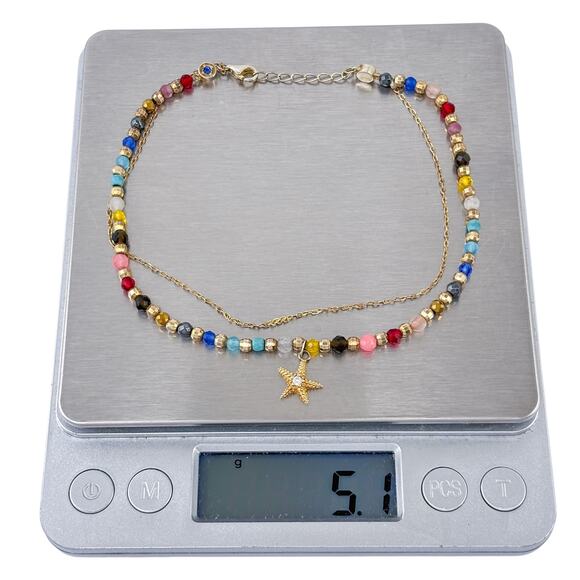 Gemstone Double Strand Gold Tone Starfish Dangle Sterling Silver 925 Anklet - Picture 4 of 8